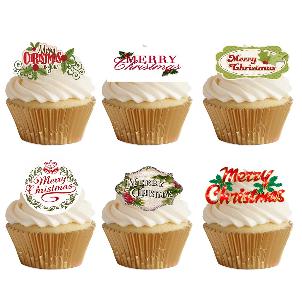 24 Stand Up Merry Happy Christmas Words Signs Premium Edible Wafer Paper Cake Toppers Decorations