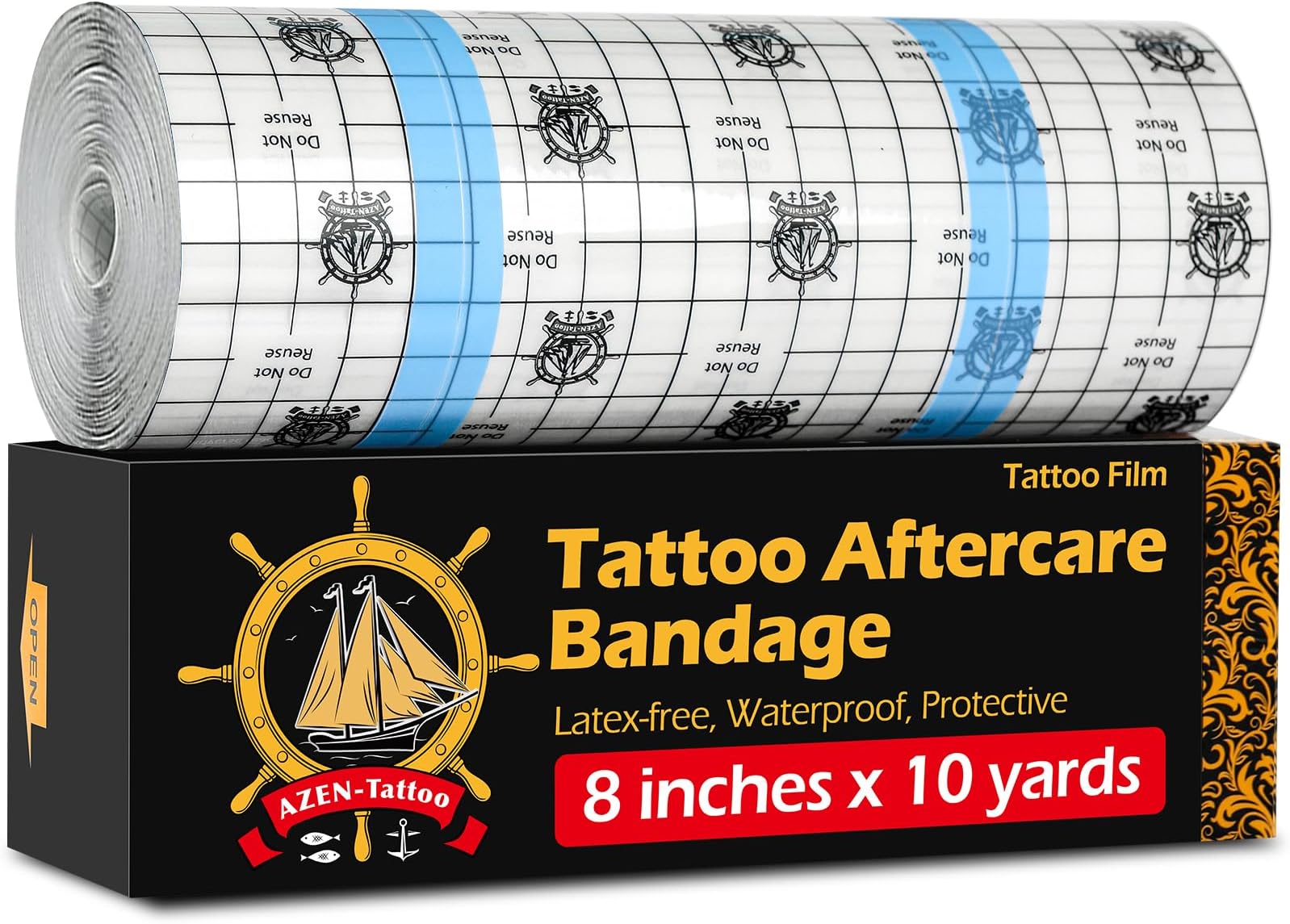 AZEN Tattoo Aftercare Bandage, 8"x 10 Yard, Tattoo Waterproof Bandage, Second Skin Tattoo Cover up Tape, Tattoo Healing Wrap, Tattoo Wrap, Tattoo Tape, Tattoo Supplies