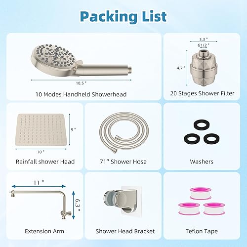 Miniatura 7 de Cabezal de ducha filtrado, 10 pulgadas de alto Plessure 10 pulverizaciones de mano  lluvia combinado con filtro de ducha de 20 etapas, brazo de