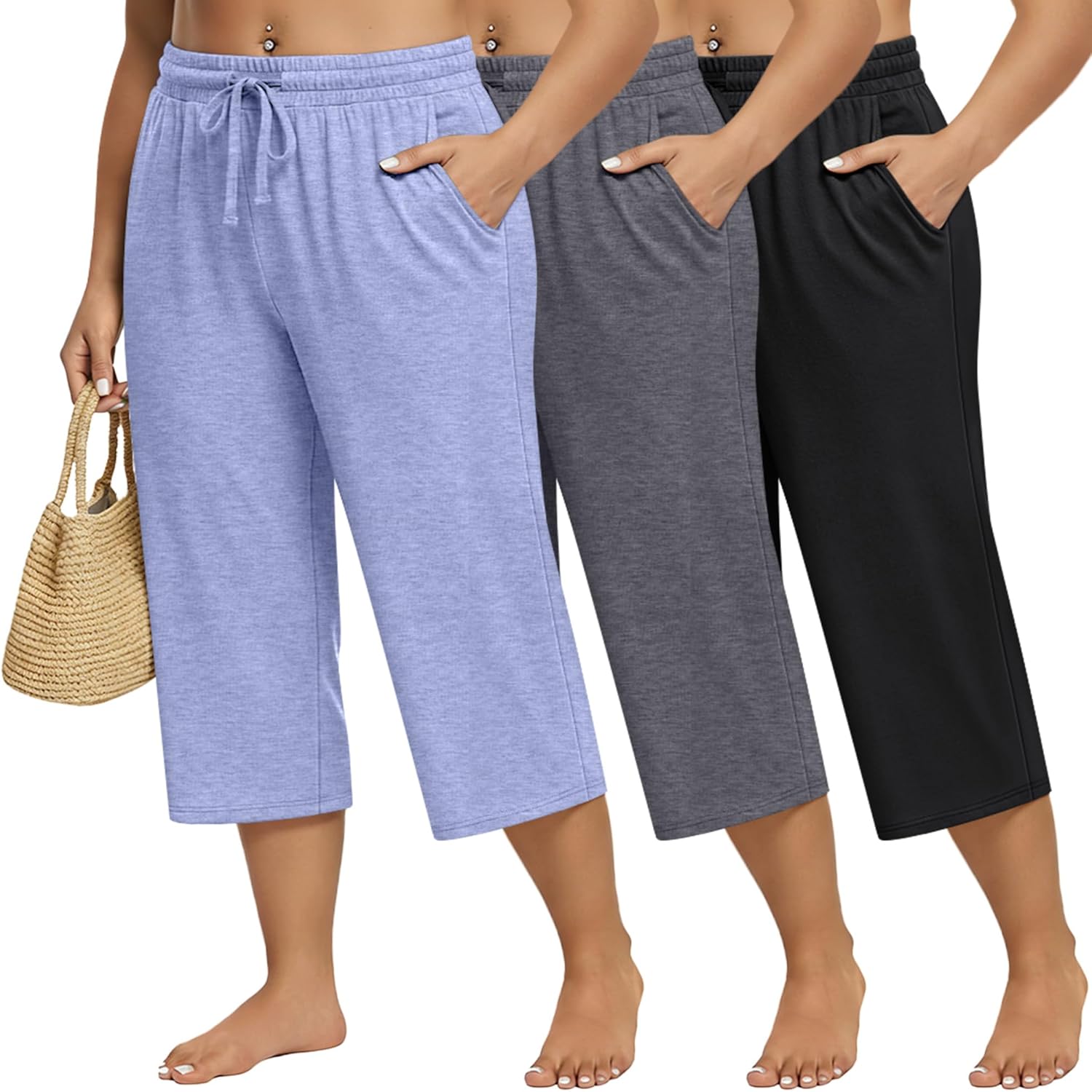 Huukeay 3 Pack Women's Plus Size Capris Wide Leg Yoga Capri Sweatpants Drawstring Loose Fit Summer Cropped Pants with Pockets