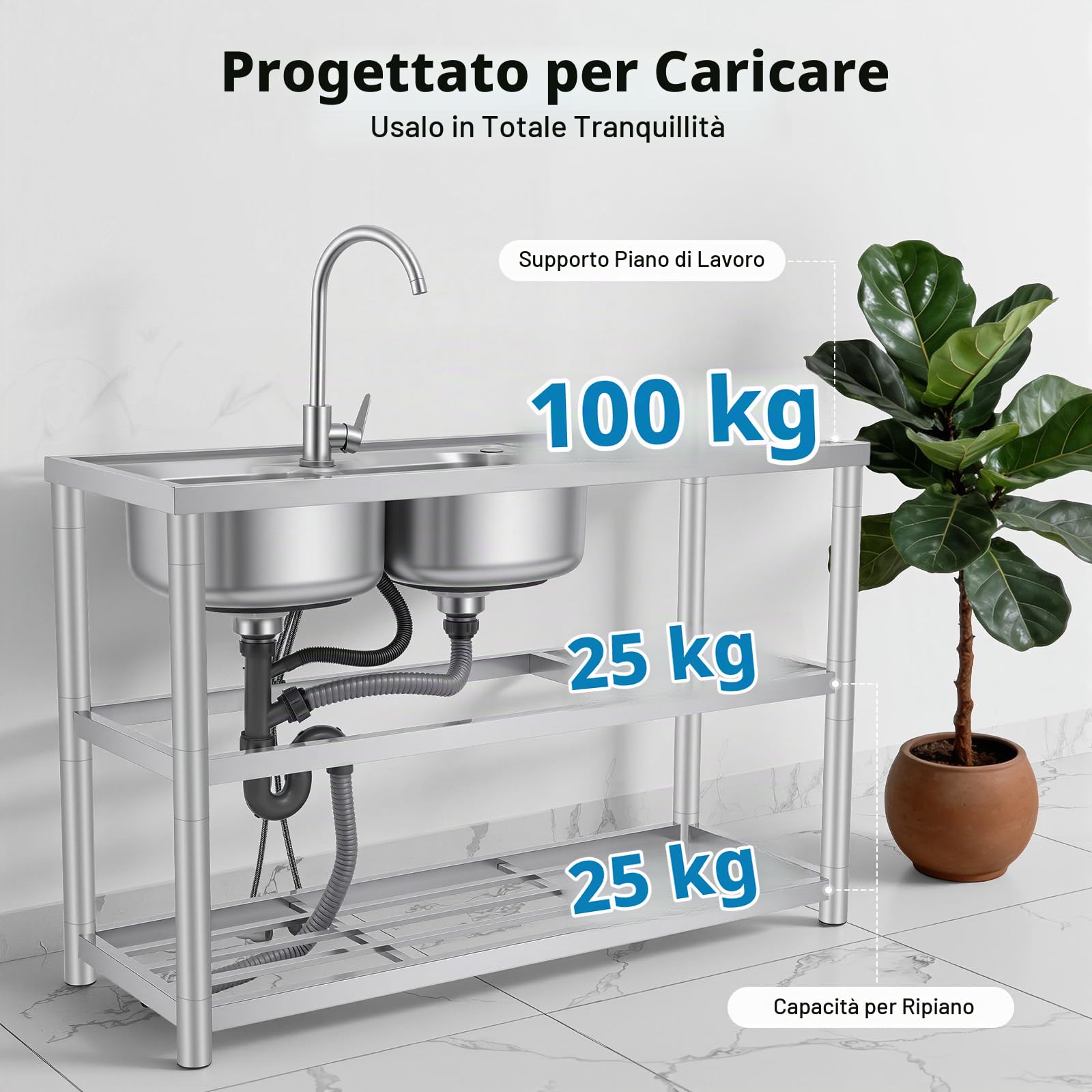 Lavabo indipendente in acciaio inox, doppia ciotola, mobile per catering, con ripiano, per uso commerciale, con rubinetto a freddo, per appartamenti, ristoranti, 120 x 45 x 80 cm