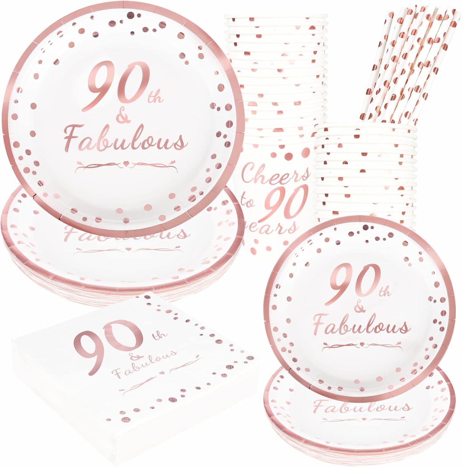 90th Birthday Rose Gold Party Plates and Napkins Set