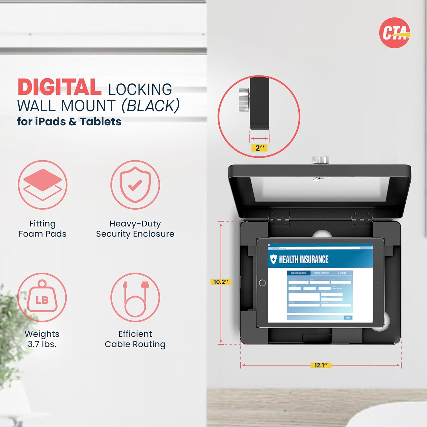 Locking iPad Tablet Wall Mount - Keyless Anti-Theft Tablet Wall Mount For iPad 10th Gen 10.9" - A16 - Air 11 - Pro 11 Inch - 7th/8th/9th Gen. - Pro 10.5" - Air 3 & More - Black (PAD-PARAWPCL)