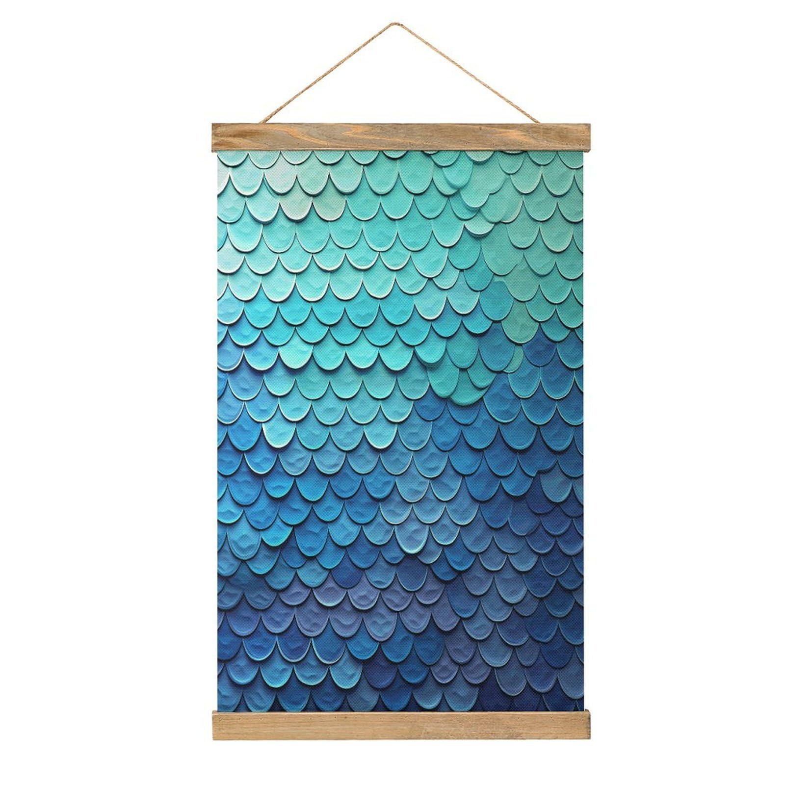 VstaDank Ocean Sea Blue Mermaid Fish Scale Poster with Wooden Frame Hanger Art Painting Wall Decor Poster Wall Hanging Wooden Frame 13x20 Wood Poster Hanger for Photo Picture Art Canvas Print Artwork