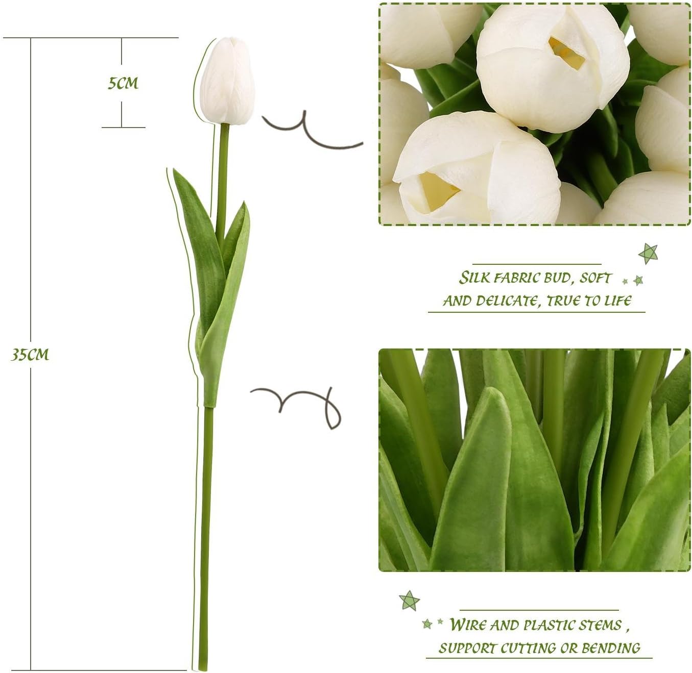 Tulip White 10 Pcs SOLEDI PU Real-touch Artificial Flowers for Bridal Bouquet Wedding Living Room Table Home Garden Decoration