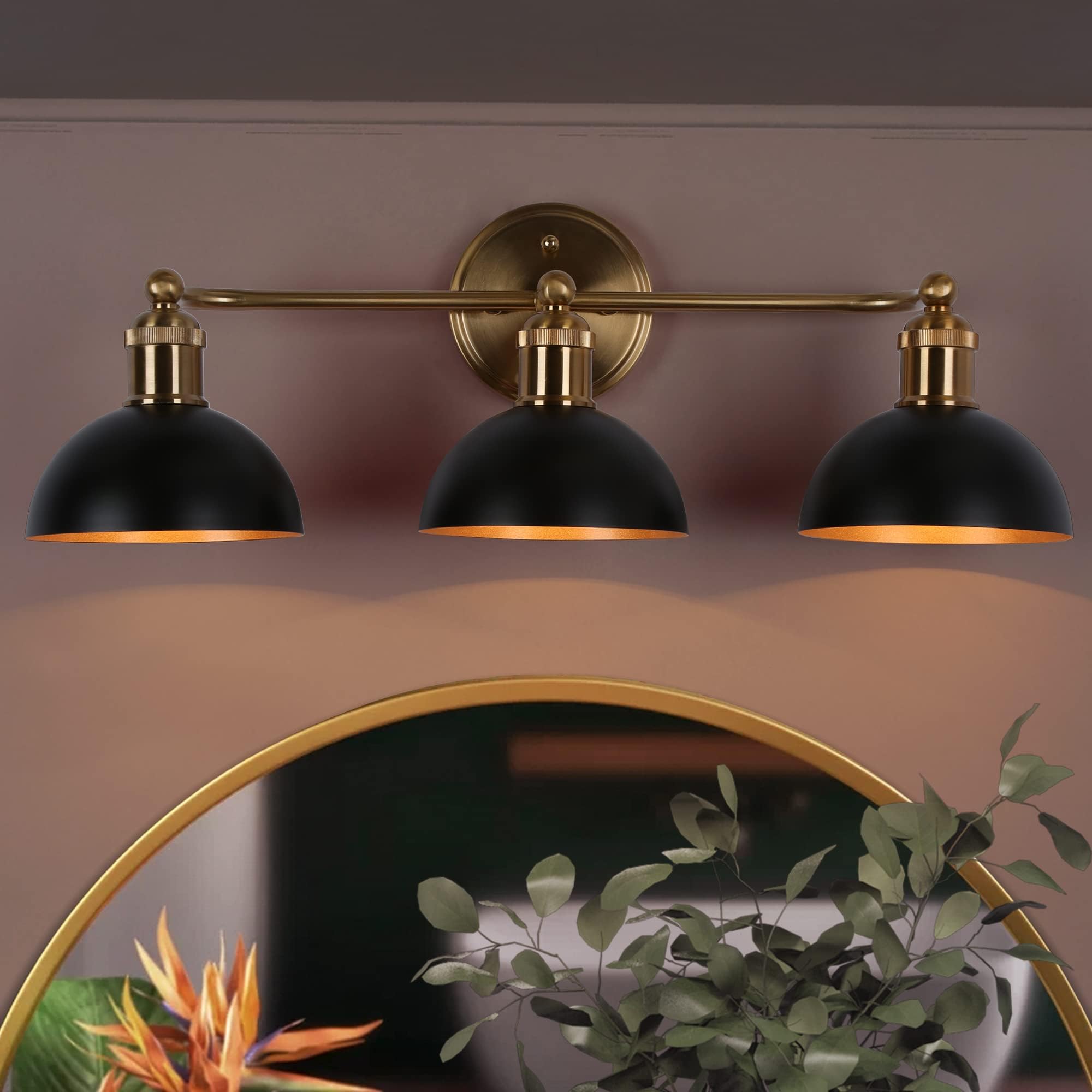 Farmhouse Bathroom Vanity Light - 3-Light Black Fixture With Gold Accents