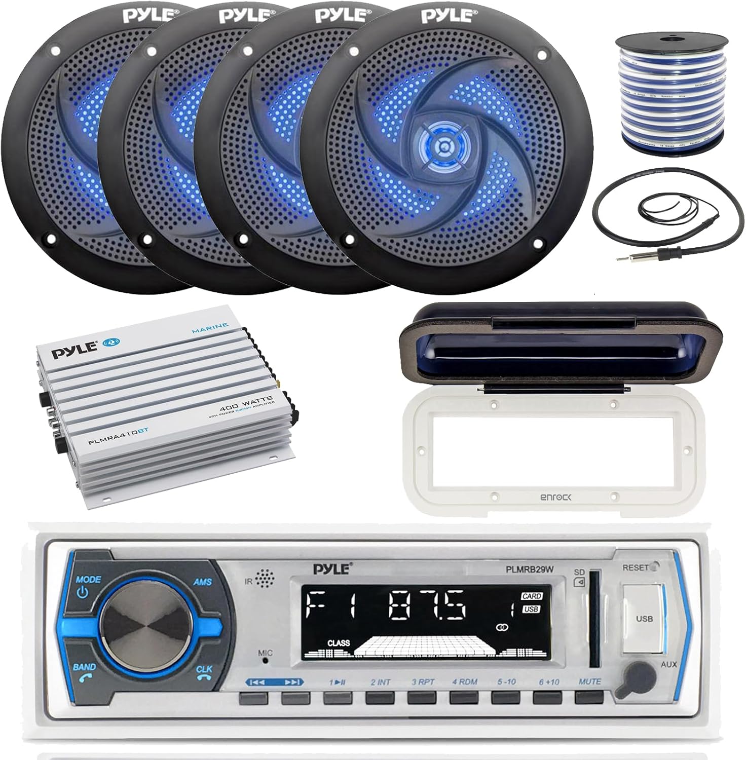 Pyle in-Dash Marine Boat AM/FM USB AUX Radio Headunit Receiver Bundle Combo with 4X 4'' Full-Range 2-Way 100W Blue Light LED Speakers, 4-Channel Bluetooth Amplifier, Radio Shield, Wire, Antenna