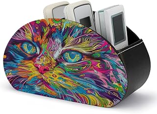 TV Remote Control Holder, 5 Compartments, A Psychedelic Cat | Table Desk Storage Box/Tray,Desktop Organizer Store Controller,Glasses,Brush,Pen,Space Saver for Bedside Table/Office Desk