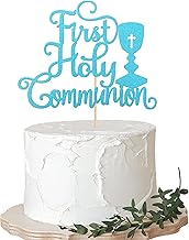 Xsstarmi 1 Pcs First Holy Communion Cake Topper Glitter Christian Baby Baptism Cake Pick God Bless First Communion Theme Baby Shower Party Cake Decorations Supplies Blue