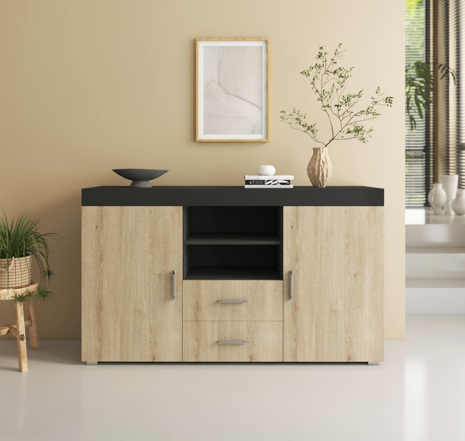 MB Muebles Bonitos | Buffet Roque pour Salon et Salle à Manger Moderne | Meuble TV en Mélamine | Couleur Noir Brillant et Sonoma Mat | 140x80x40 cm