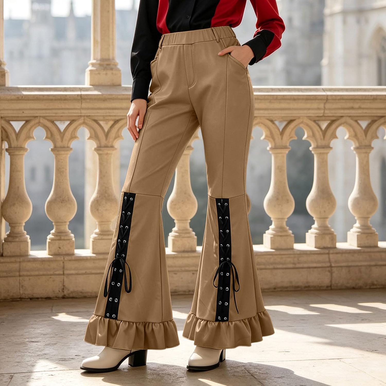 Women Gothic Lace Up Flare Pants Ruff Bottom Halloween Trousers