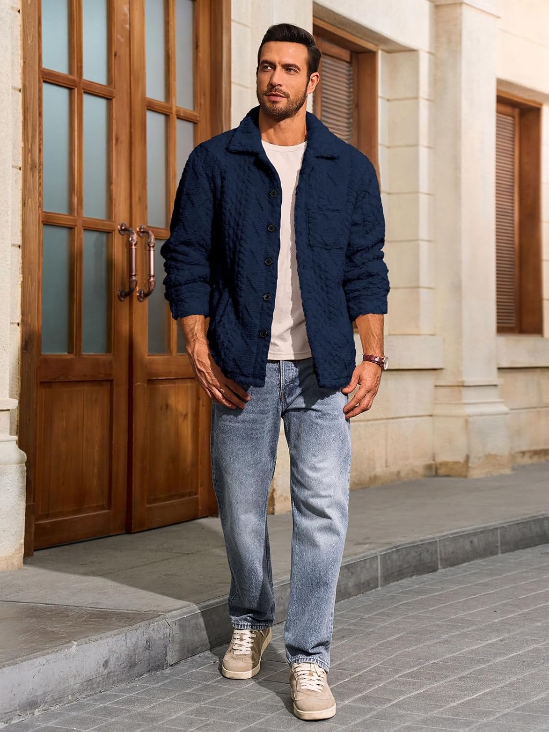 Yousify Mens Fuzzy Sherpa Jacket Fleece Casual Button Down Textured Coat Fall Winter Warm Outwear - Image 5