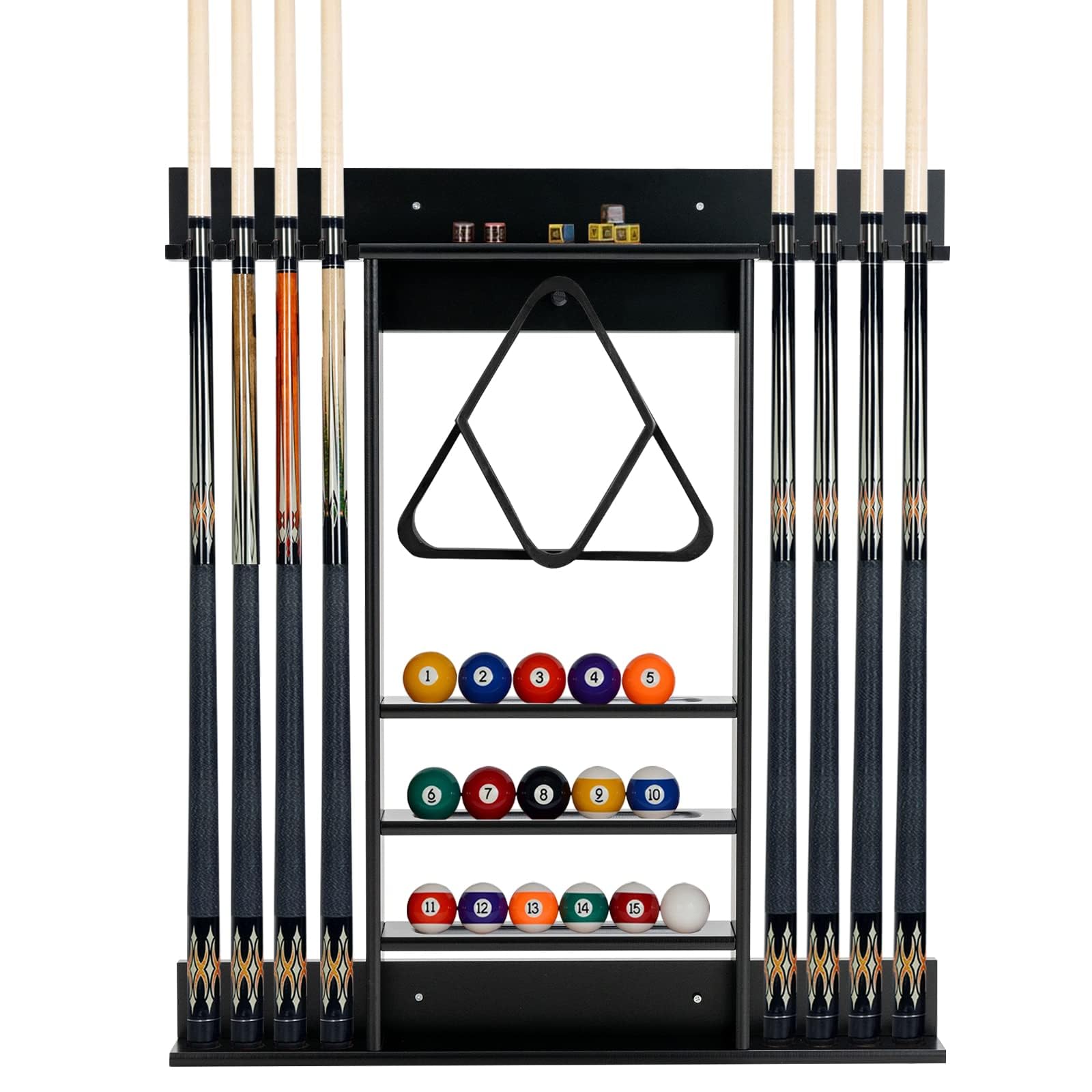 FANTASK Billard Queue Halter für 8 Queues & Billardzubehör, Billardständer Wandmontage, 3-stufig Billardqueueständer für Bars Clubs Spielzimmer (Schwarz)