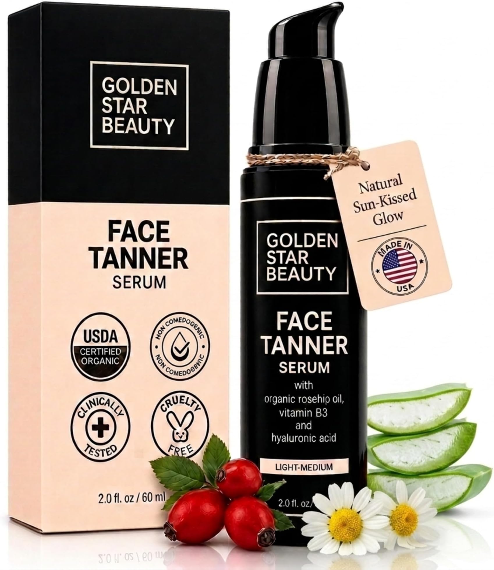 Face Tanner – Self Tan Serum w/Hyaluronic Acid and Organic Oils, Self Tanners Best Sellers, Facial Sunless Tanner for Natural Sunkissed Glow, Fake Tan Moisturizer, 2.0 fl (Light to Medium)