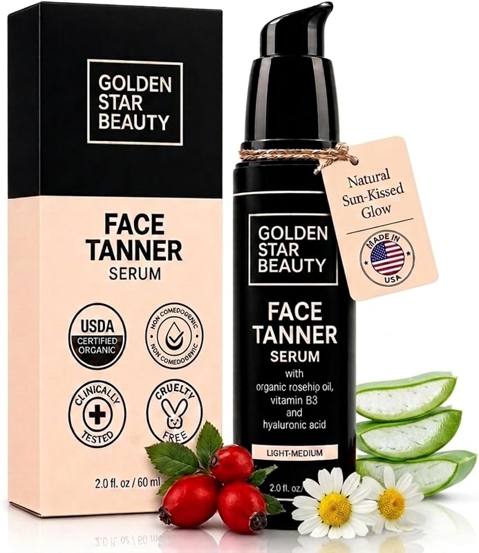 Bronceador facial: suero autobronceador con ácido hialurónico y aceites orgánicos, autobronceadores más vendidos, bronceador facial sin sol para un brillo natural bañado por el sol, humectante bronceador falso, 2.0 fl (ligero a medio) | Ácido hialurónico y aceites orgánicos, bronceador facial sin sol, brillo natural bañado por el sol, crema hidratante de bronceado falso