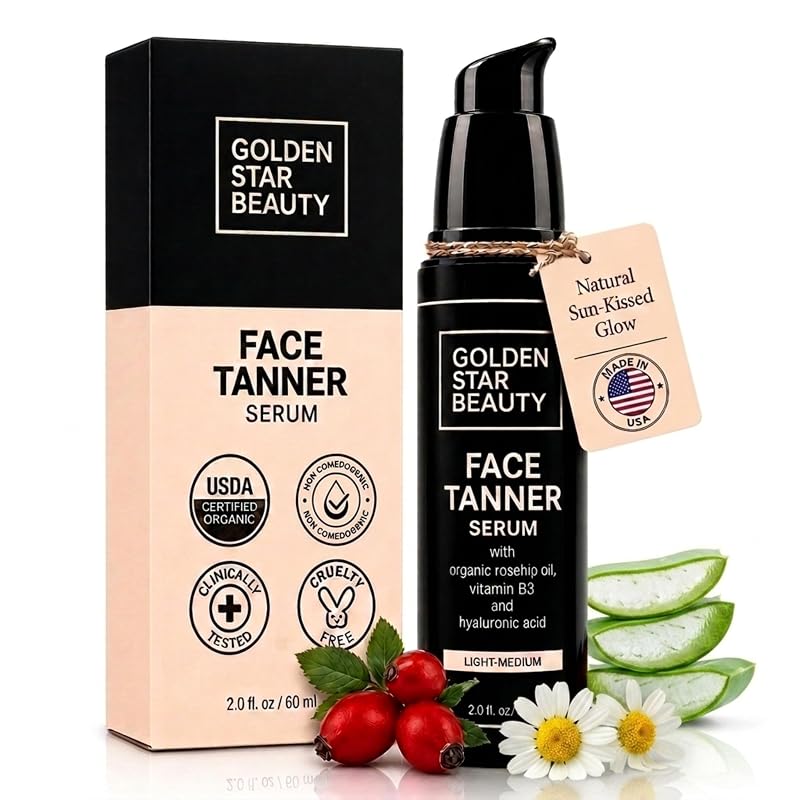 Sérum autobronzeador facial GOLDEN STAR BEAUTY com ácido hialurônico e óleos orgânicos, Light to Medium, 60 mL
