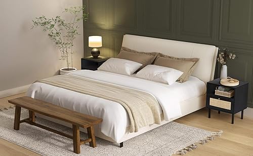 Miniatura 8 de Angel Sar Juego de 2 mesitas de noche de ratán, mesita de noche bohemia negra con puerta de ratán, gabinete de almacenamiento, espacio de