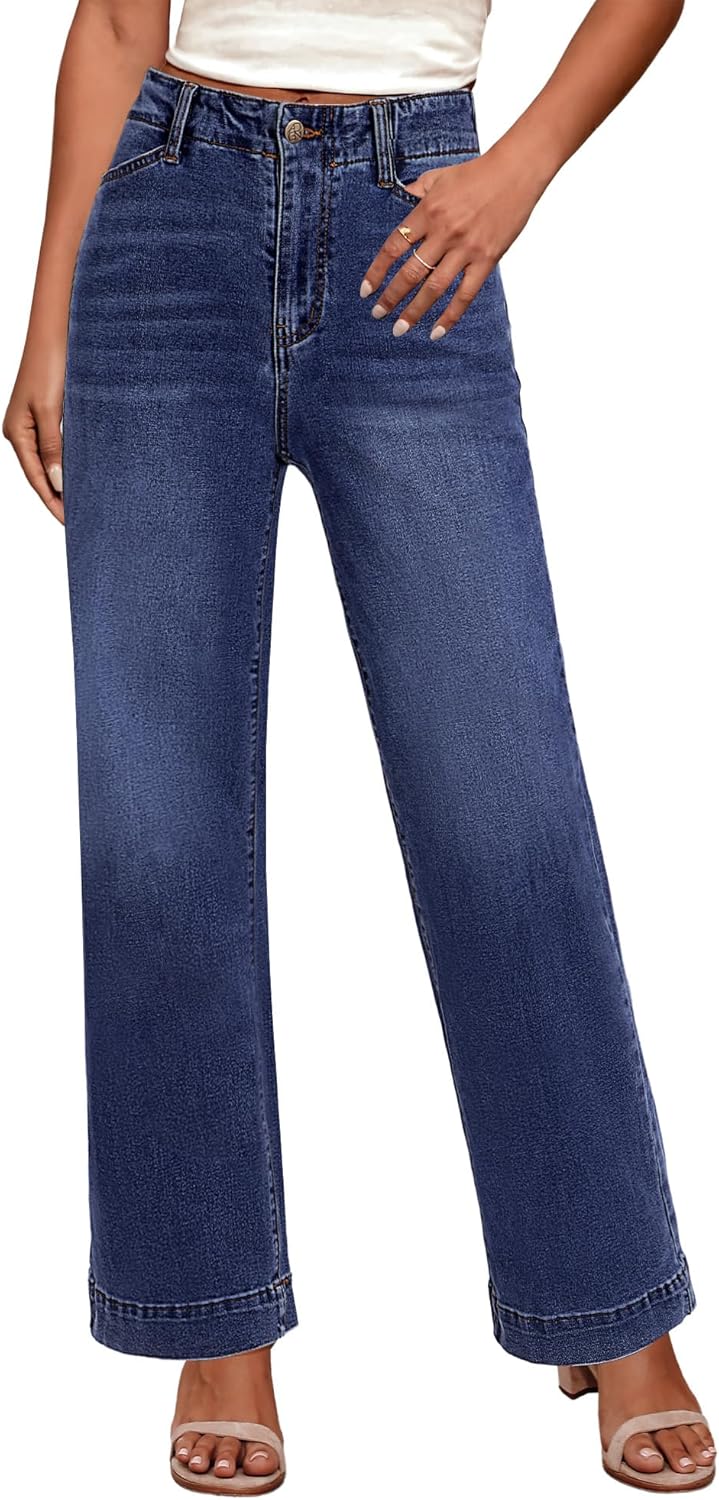 GRAPENT Wide Leg Jeans Woman High Waisted Trendy Stretchy Denim Pants Classic Trouser Jeans with Slash Pockets