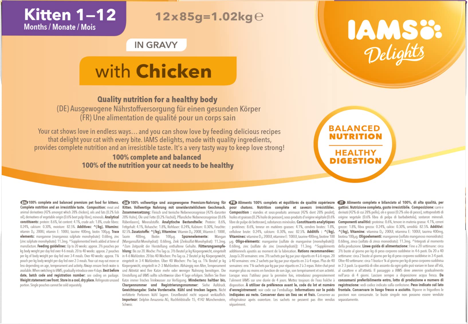 IAMS Advanced Nutrition Alimento húmedo en Salsa, para Gatitos con Pollo, 12 x 85g