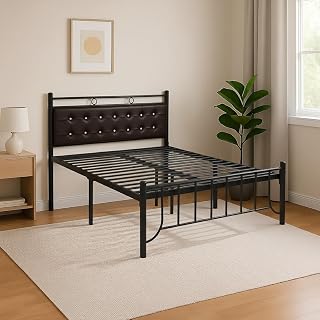 Zuno Metal Queen Size Bed Without Storage | Wrought Iron Double Bed with Headboard & Footboard | Sturdy Powder Coated Platform Bed Queen Size Cot for Bedroom Living Room Black (75x60)