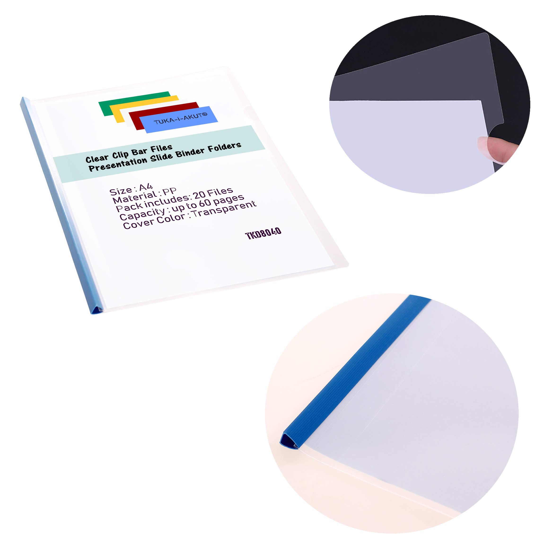 TUKA-i-AKUT 20pz PP Cartelline con Clip, 50 Fogli A4 Formato, Raccoglitore con Clip, Cartella di Serraggio in Materiale PP per Casa, Scuola, Ufficio. Traslucido, Confezione da 20, TKD8040-20x
