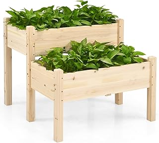 COSTWAY Raised Garden Bed, 2-Tier Wooden Elevated Planter Box Stand with Legs for Vegetables, Flowers Herbs, Outdoor Indoor Garden Bed Kits for Backyard, Patio, Balcony Patio, Natural