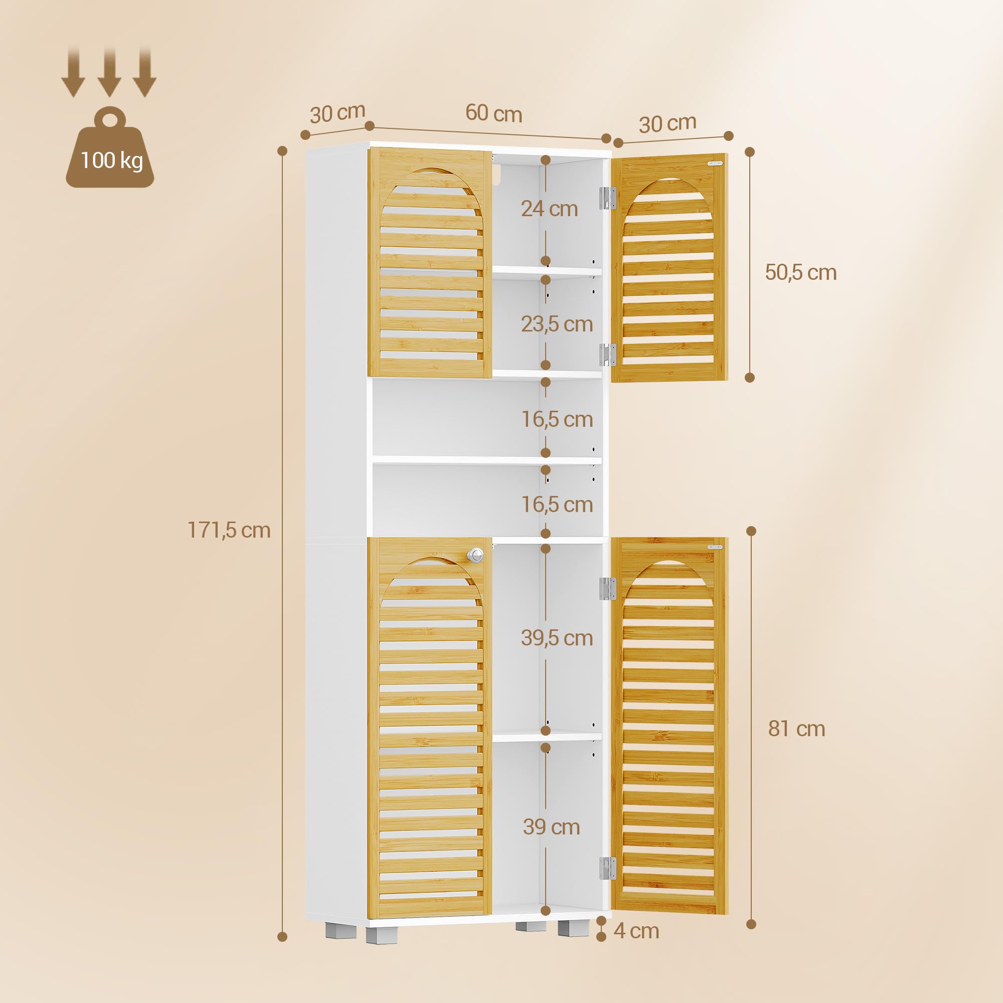 Hzuaneri Meuble Salle de Bain, Armoire de Rangement en Bambou avec Étagère Réglable, Meuble de Rangement avec 4 Portes en Bambou, pour Salon, Salle de Bain, 30 x 60 x 171,5 cm Blanc SC17103X