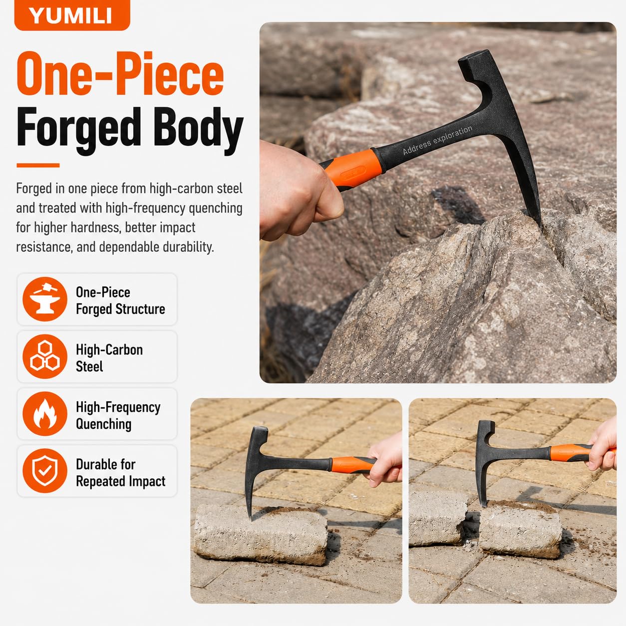 Martello da Esplorazione, Martello Geologico a Punta Professionale, Piccone da Roccia con Impugnatura Ammortizzante 290 mm, Utensili Multifunzionali per Esplorazione Mineraria, Geologia, Archeologia