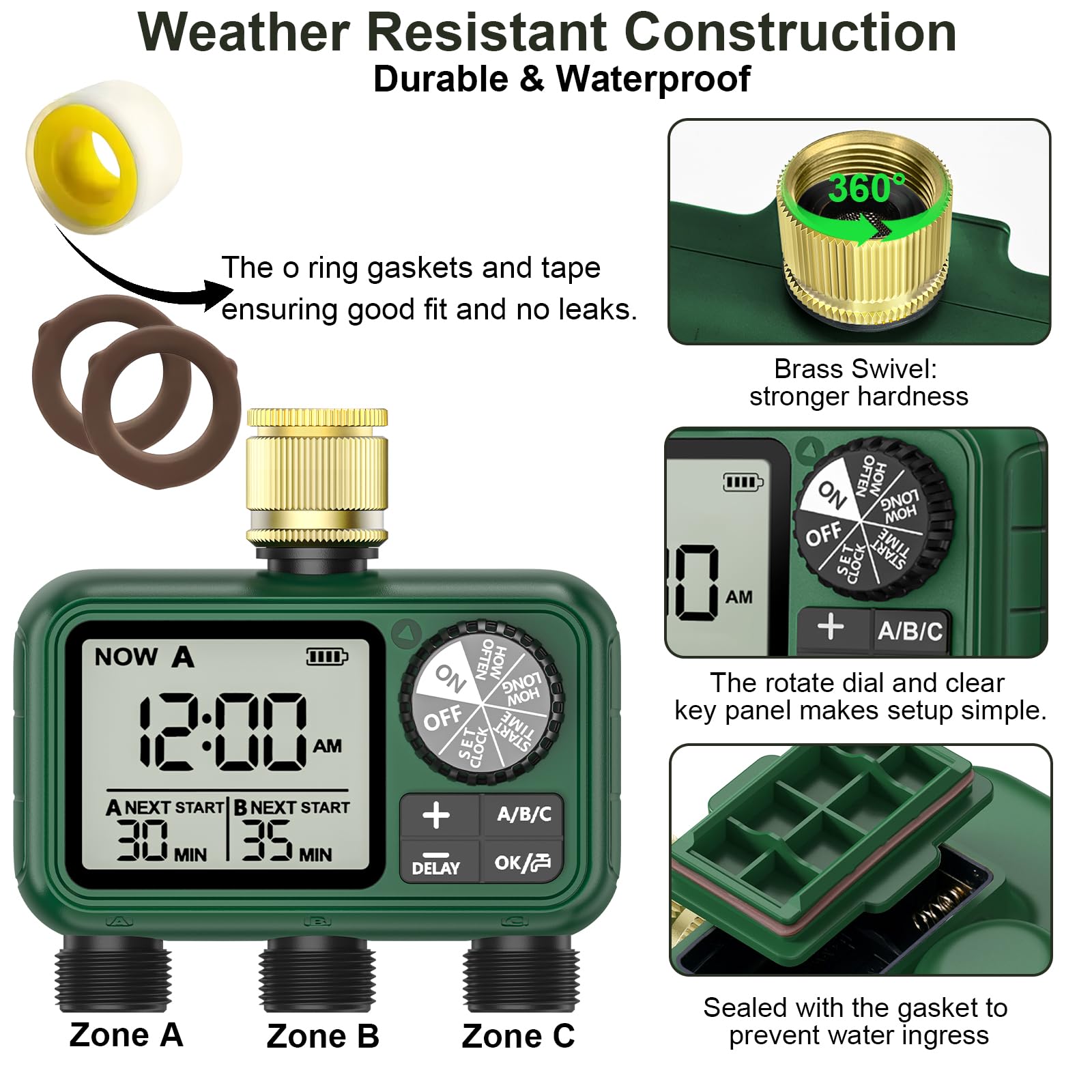 Sprinkler-Timer, großes LCD-Display, 3-Zonen, Wasser-Timer, mit Regenverzögerung, manuelles und automatisches Bewässerungssystem für Gartenschlauch-Wasserhahn, Outdoor-Bewässerungssteuerung