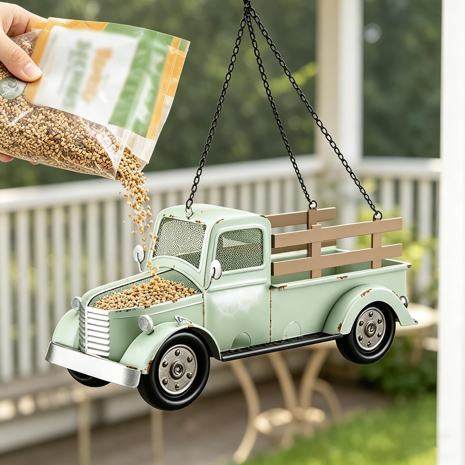 Hummingbird Zewnętrzny karmnik dla ptaków z wiszącym łańcuchem Design Retro Truck do ogrodu, patio, podwórza