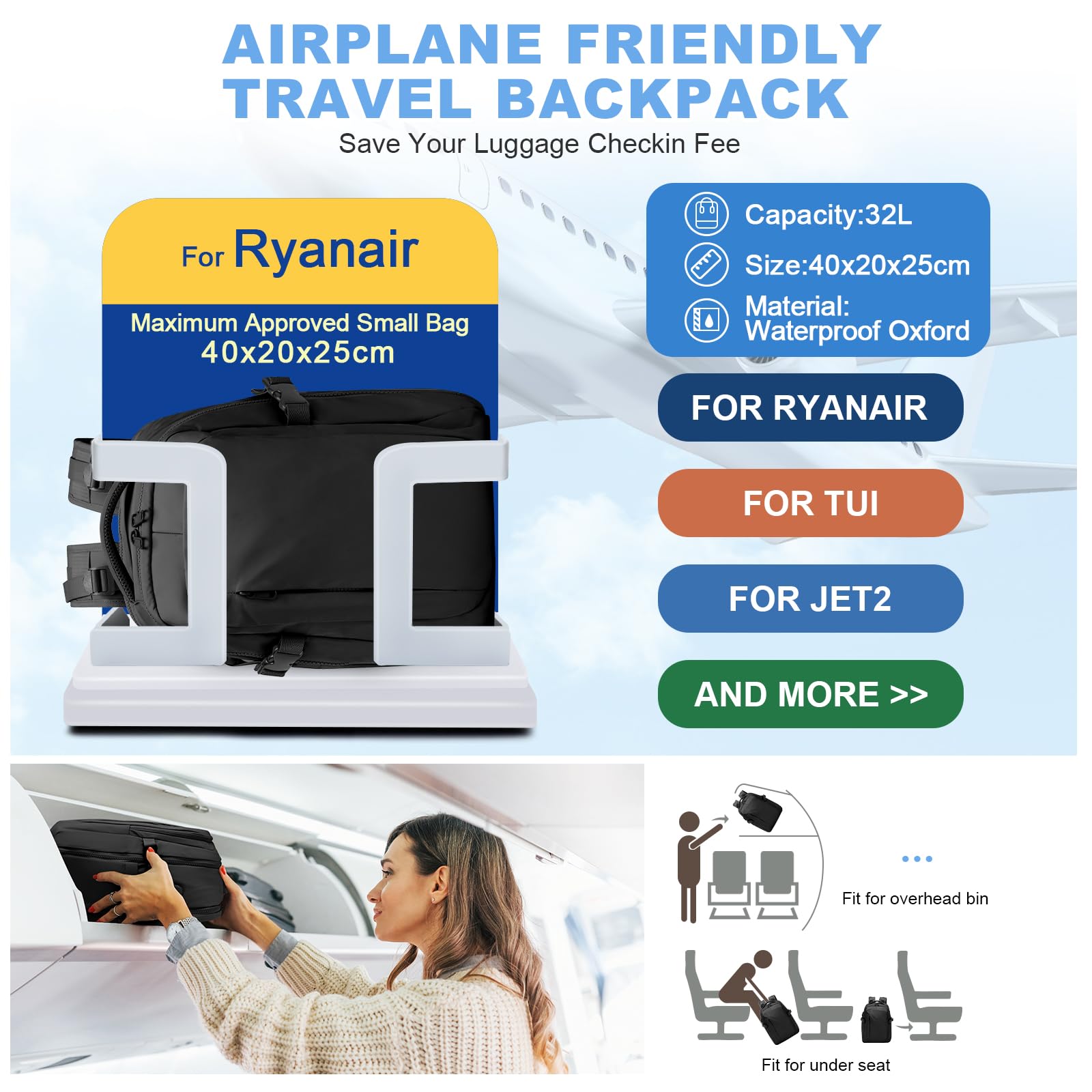 SZLX Zaino Ryanair 40x20x25 Donna Zaino da Viaggio 40x30x20 Sottovuoto con pompa Bagaglio a Mano Sottovuoto Uomo Borse da Cabina 45x36x20 Easyjet con scomparto per scarpe per Laptop da 14 Pollici