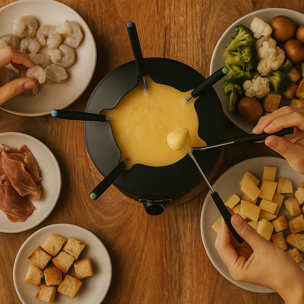 Fondue Eléctrico para 6 Personas, Fondue para Queso, Chocolate, Carne, Caldo y Más, Capacidad de 1.3L, Antiadherente, Termostato Regulável