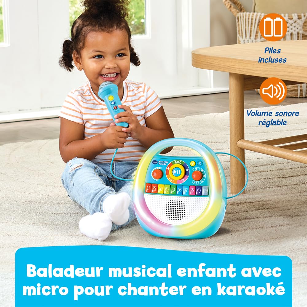 VTech Music'Kid Karaoké Baladeur Musical Enfant Dès 2 Ans | Enceinte Bluetooth Lumineuse avec Micro Karaoké, Enregistreur Vocal, Comptines, Chansons Éducatives et Relaxantes en Français