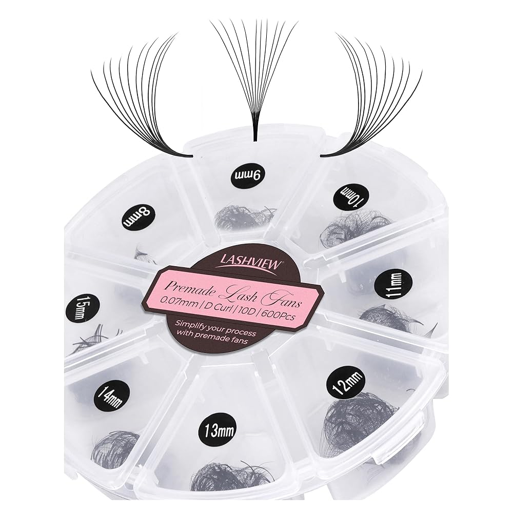 LASHVIEW 1000 Fans 10D Premade Volume Eyelash Extensions Mixed Tray Premade Fans Eyelash Extensions D Curl Premade Lash Fans Pointed Handmade Promade Loose Fans Thin Base (10D-0.07D,8-15mm)