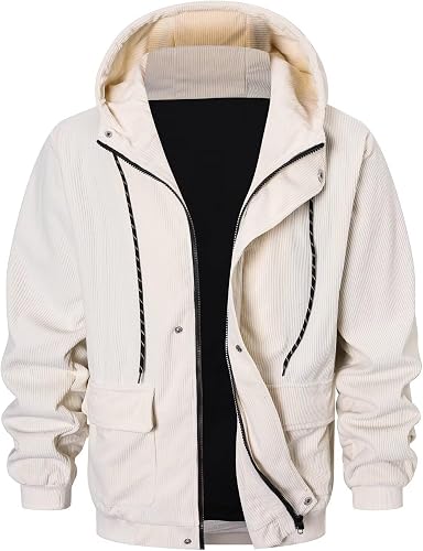 Cromoncent Men's Corduroy Jacket Colorblock Long Sleeve Hooded Lightweight Retro
