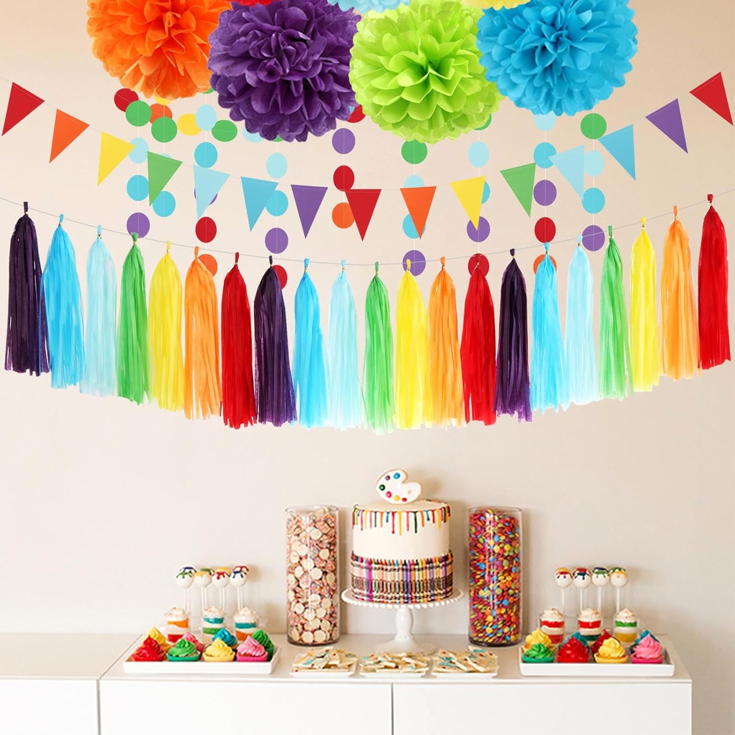 Rainbow Red-Orange Green-Blue Purple Streamers Garland and Rainbow Red-Orange Green-Blue Purple Party-Decorations