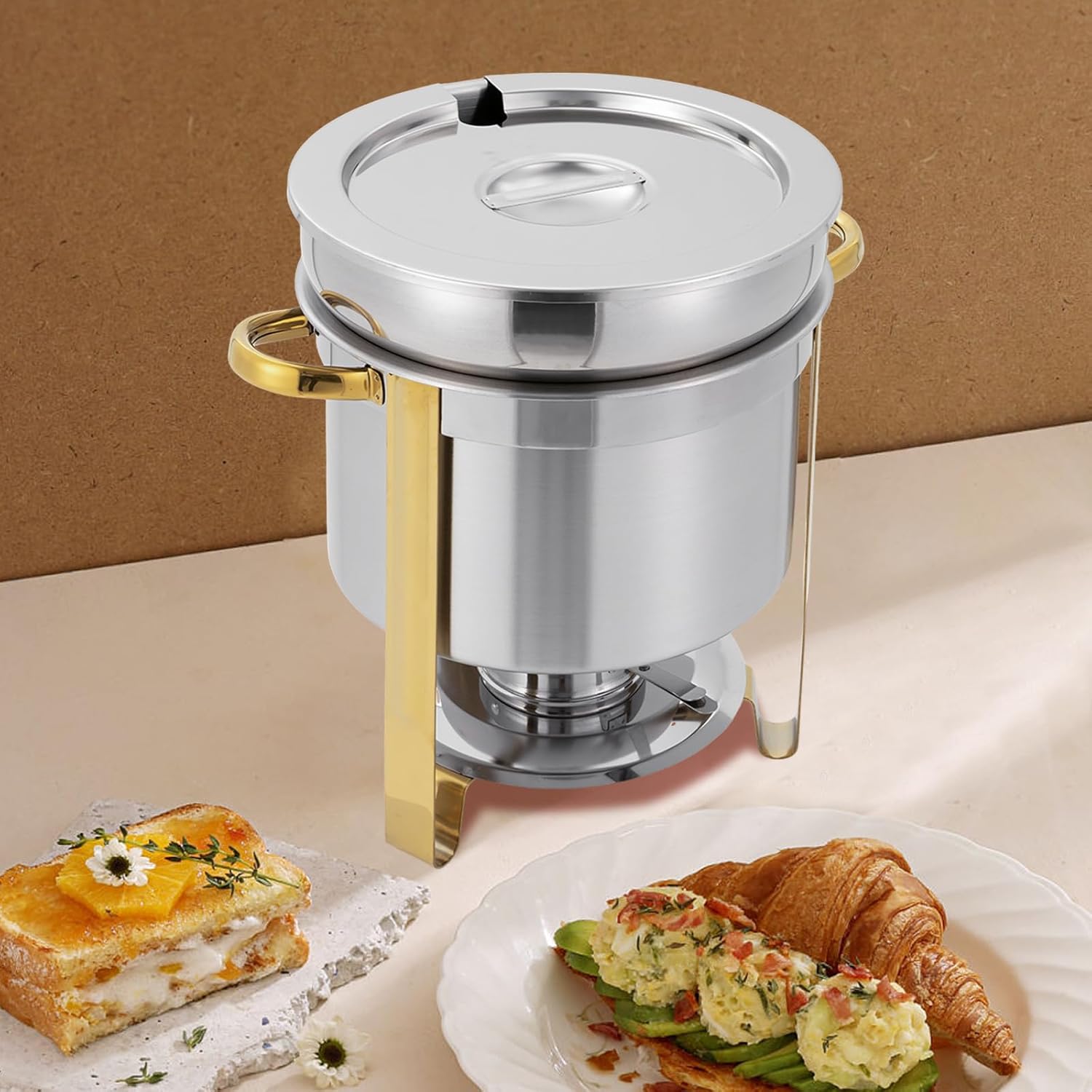 Soup Chafer, 11.62QT Stainless Steel Round Soup Warmer with Pot Lid and Fuel Holder, Commercial Soup Pot Chafing Dish for Party, Buffet, Event & Commercial Food (11.62, Quarts)