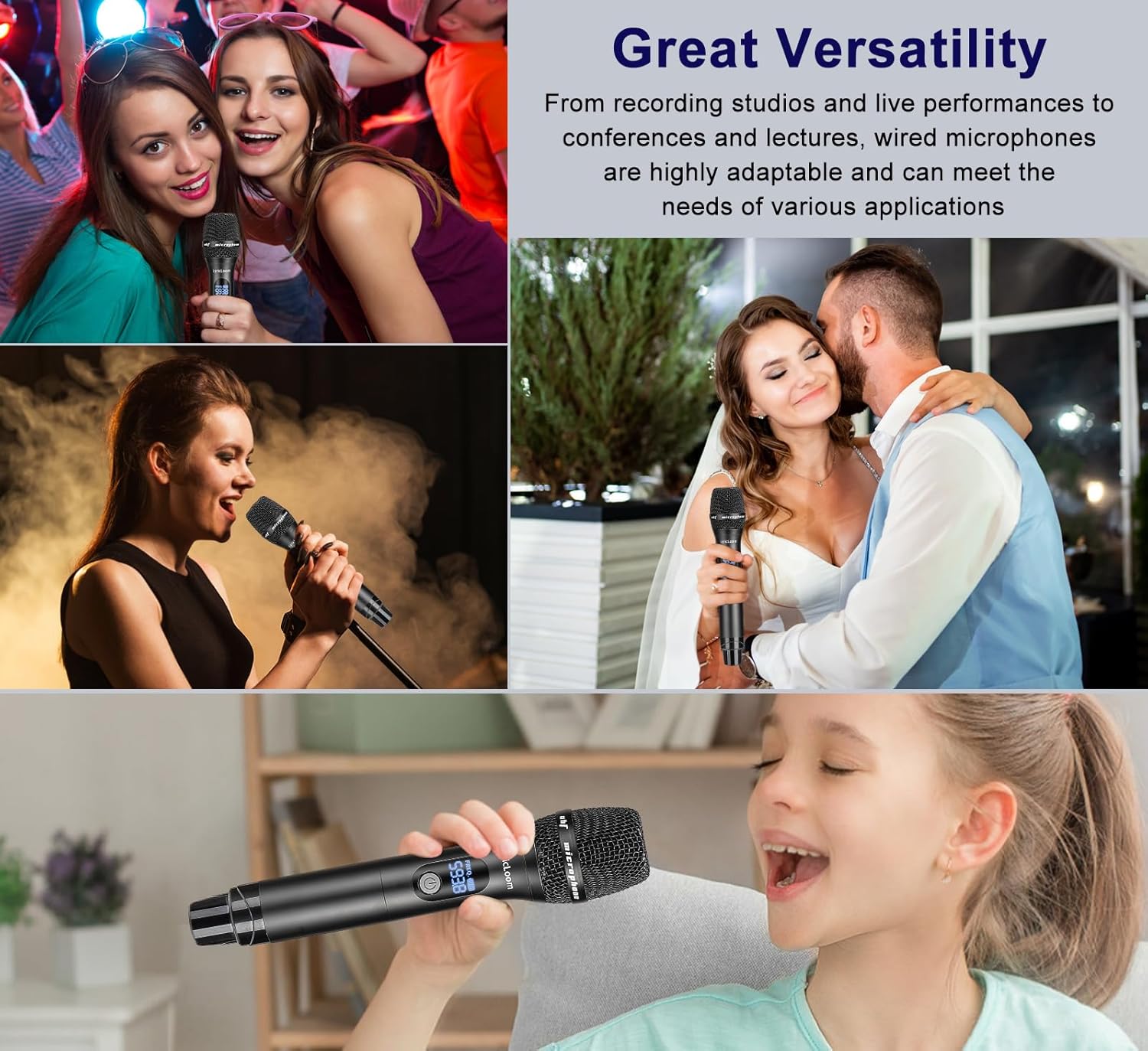LyricLoom Professional 4 Channel Wireless Microphone System, Metal Handheld Dynamic UHF Wireless Mics Set 4 Pack, Vocal Cordless Microphnes for Singing and Dj,Karaoke,Speaker,chrush,Long Range 300ft