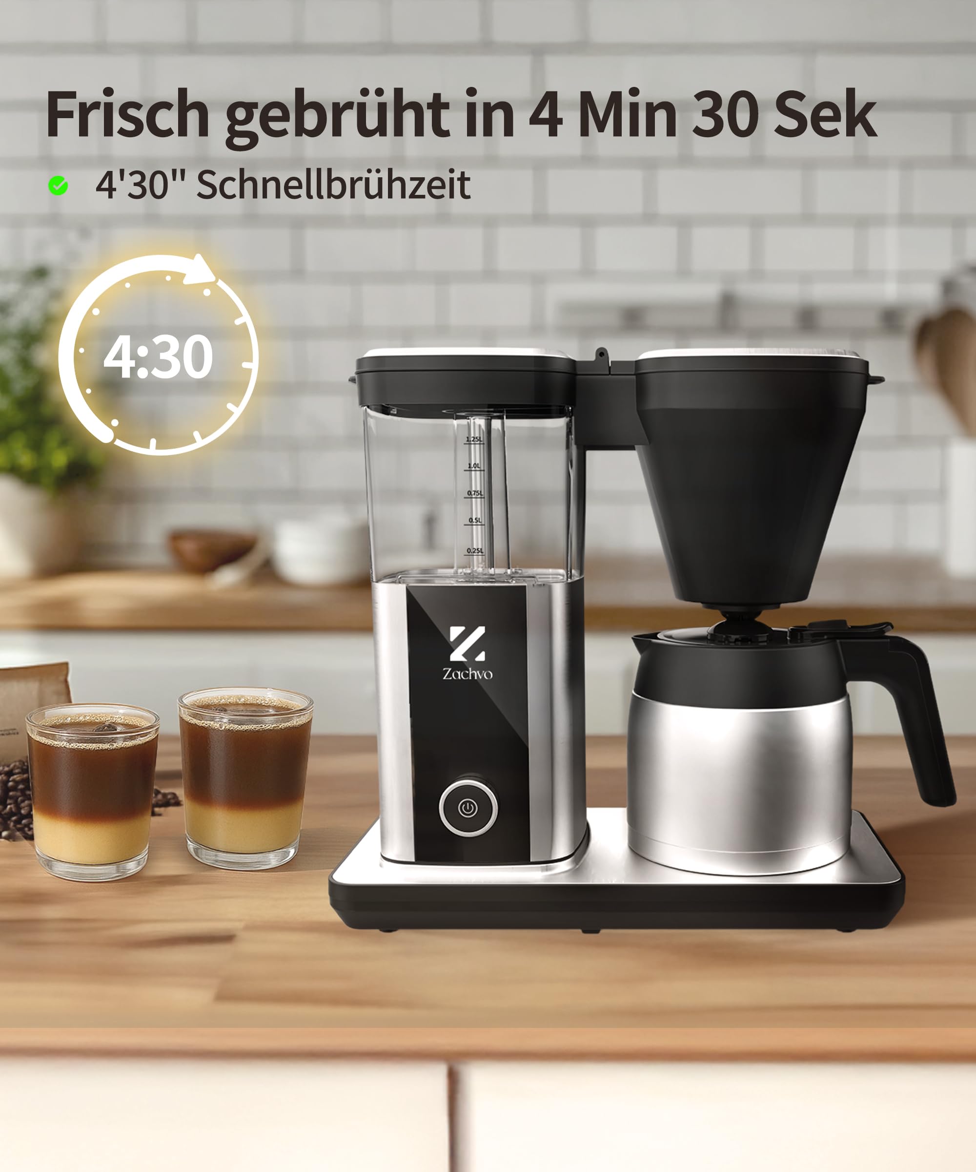 cafetera de goteo con jarra térmica y depósito de 1,25 L, cafetera eléctrica filtro 10 tazas, sistema antigoteo, apagado automático, acero inoxidable, PID 92 °C, 4,5 min preparación rápida