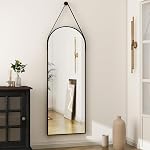 HARRITPURE Miroir argenté 16"x48" avec bracelet en cuir suspendu Miroir pleine longueur en aluminium Cadre mural Monture Arch Miroirs suspendus pour salle de bains Vanity Salon Chambre Entrée Decor,Noir