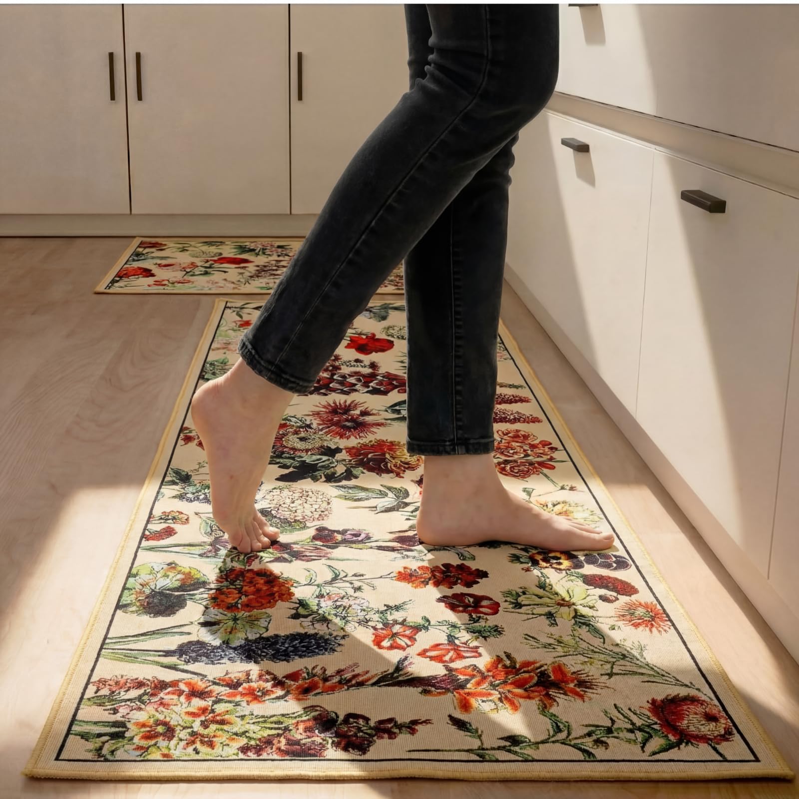 Sliner Retro Floral Spring Kitchen Mat Rugs Set of 2 Vintage Non Skid Absorbent Farmhouse Microfiber Washable Floor Mat for Kitchen Sink Bedroom