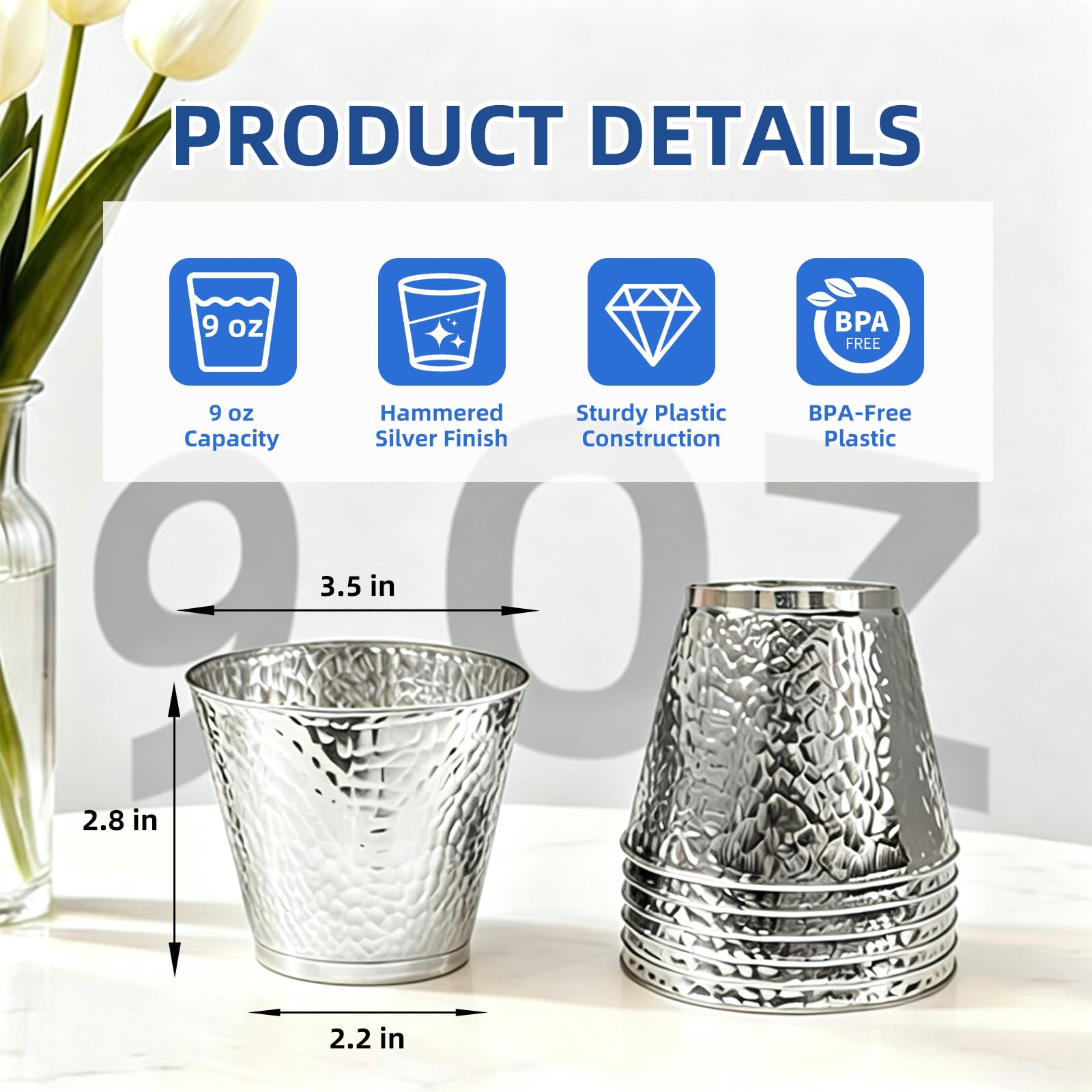 96-Pack Silver Hammered Plastic Party Cups 9oz, BPA-Free Leakproof Disposable Cups, Premium Elegant Drinkware for Weddings Birthdays Holidays Gatherings — Amazon image 3
