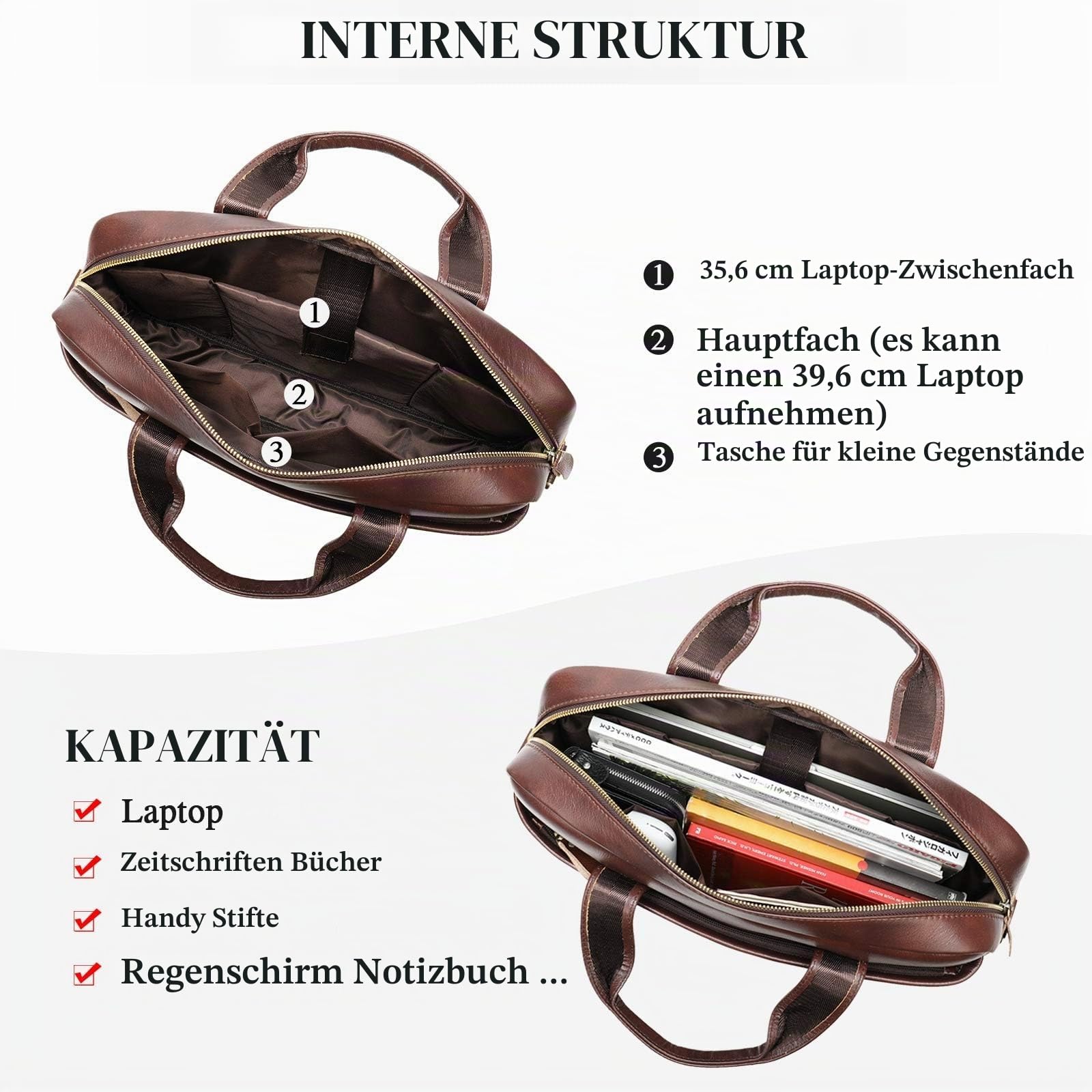 VINBAGGE Businesstasche Herren Echtleder Aktentasche Männer Handtasche Vintage Laptoptasche Arbeitstasche Damen Umhängetasche Schultertasche für 14 Zoll Notebook