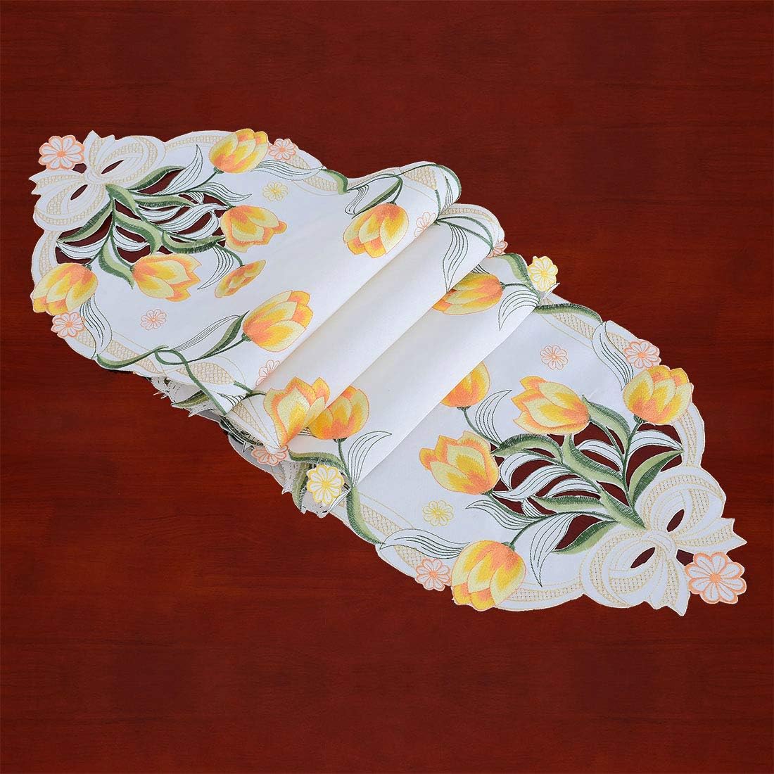 Simhomsen Embroidered Tulip Table Runners, Spring Floral Table Linens (Yellow, 13 × 106 Inch)