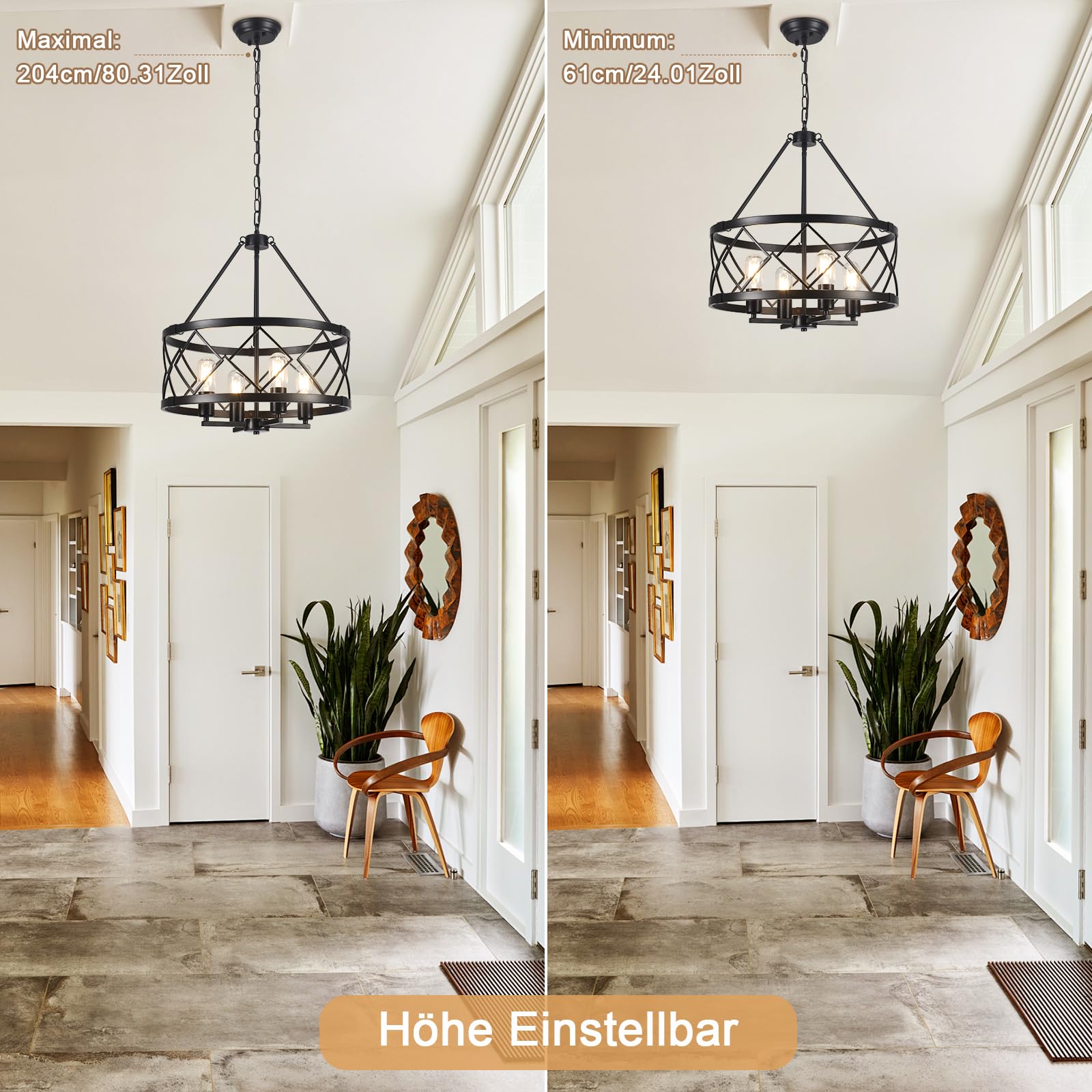 Kronleuchter Modern Schwarz 4 Flammig, Vintage Kronleuchter Hängelampe Wohnzimmer, Landhaus Industrie Deckenlampe Hängend Pendelleuchte für Esszimmer Flur Foyer Schlafzimmer