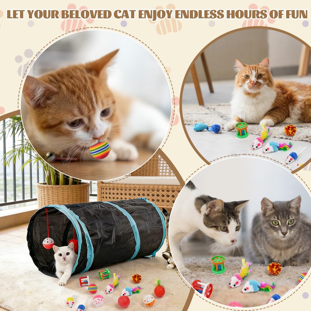 Set di Giocattoli per Gatti con Tunnel,22 Pz Giochi per Gattini,Gioco Gatto da Interno Set con Topi,Bacchetta di Piume Palline e Campane ecc per Gattini, Cuccioli