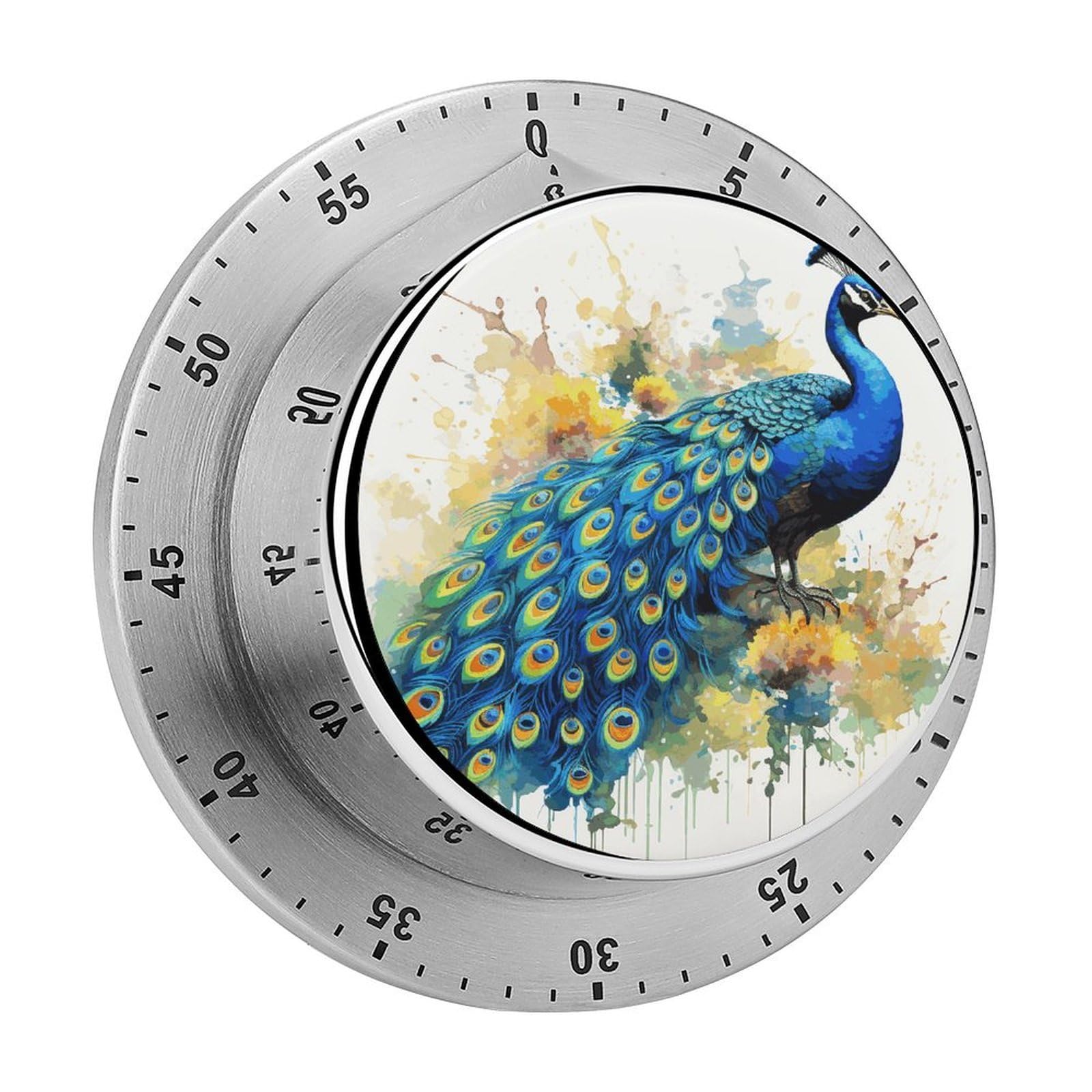 Peacock Watercolor Painting Timer Exquisite Stainless Steel Magnetic Timers Waterproof Durable Mechanical Countdown Countup for Loud Alarm for Baking Grilling Studying
