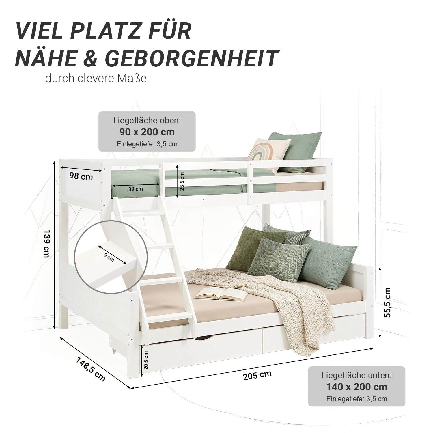 Homestyle4u Etagenbett 90x200, Hochbett mit Bettkasten, Etagenbett 140x200 mit 2 Matratzen und Lattenrosten, Stockbett Kinder Holz weiß, Doppelstockbett 90x200 und 140x200 mit Bettkasten und Matratzen