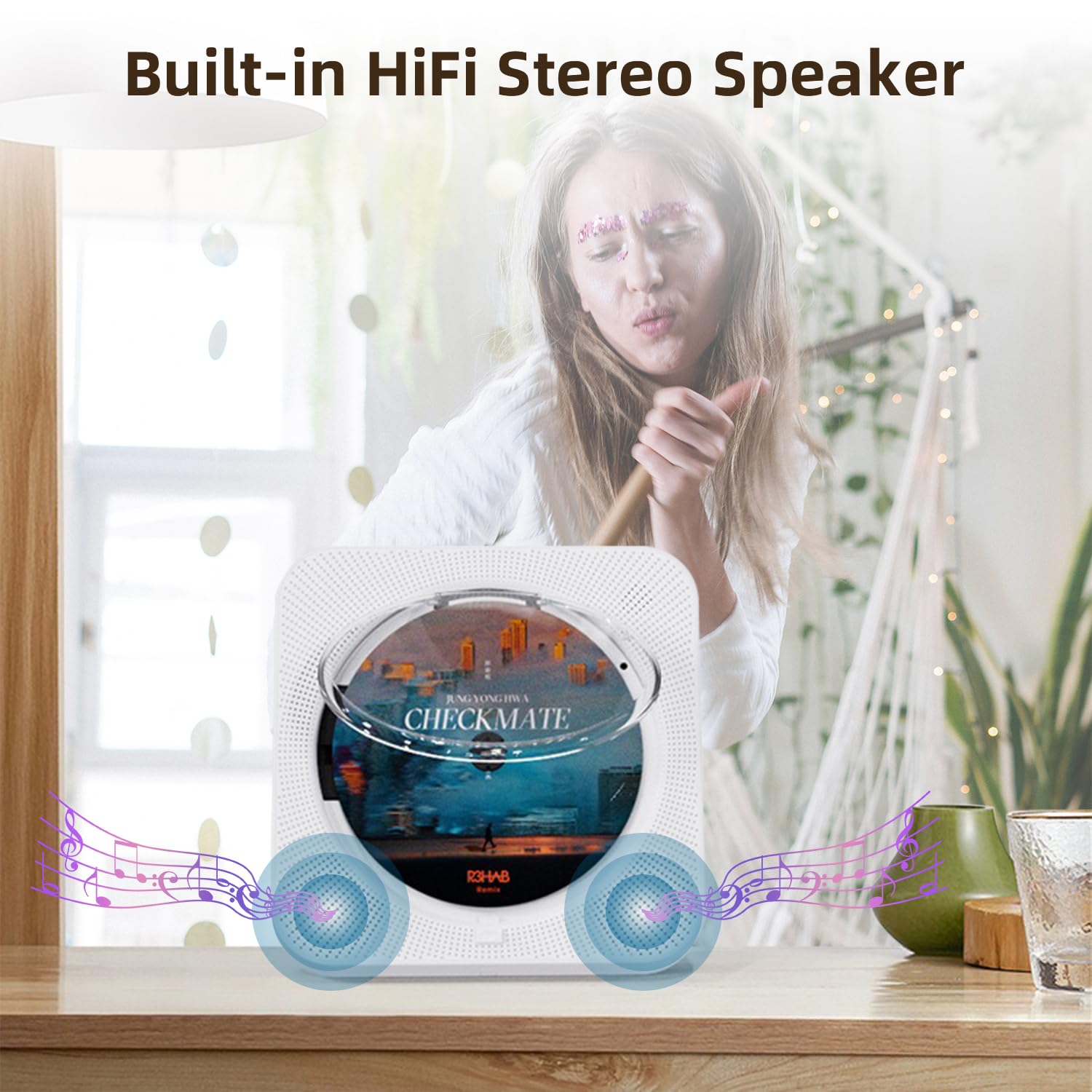 Lettore CD, lettore CD Bluetooth portatile, altoparlanti hi-fi integrati con timer, radio FM USB