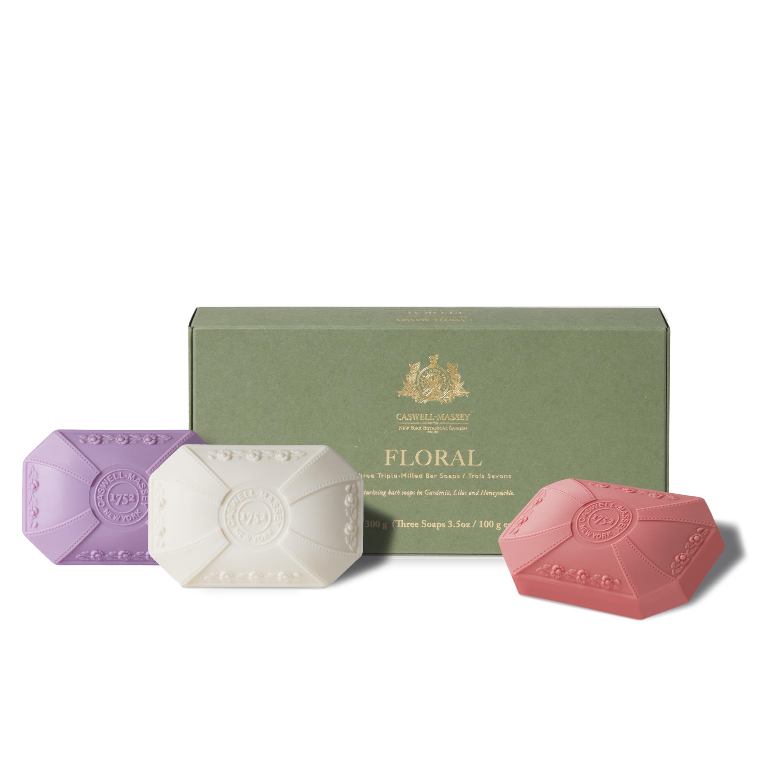 Caswell-Massey Triple Milled Floral Luxury 3 Soap Gift Set, Lilac, Gardenia and Honeysuckle, Made in the USA, Pack of 3